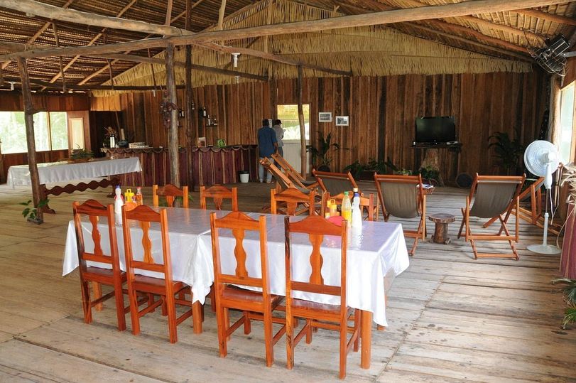 The dining room, table set for the group